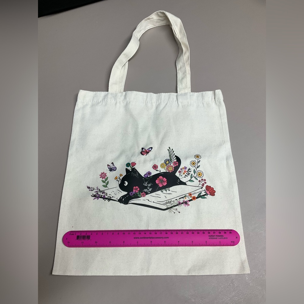 Floral Cat Reading Canvas Tote Bag - White